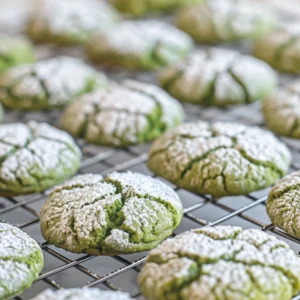 A fresh batch of matcha crinkle cookies with powdered sugar