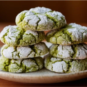 Best Matcha Crinkle Cookies: 1 Soft, Chewy Recipe You’ll Love 30 Stack of vibrant green matcha crinkle cookies dusted with powdered sugar on a white ceramic plate