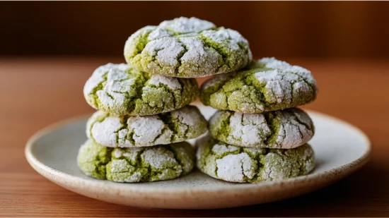 Stack of vibrant green matcha crinkle cookies dusted with powdered sugar on a white ceramic plate