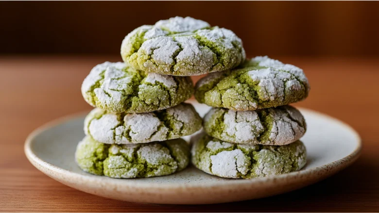 Stack of vibrant green matcha crinkle cookies dusted with powdered sugar on a white ceramic plate