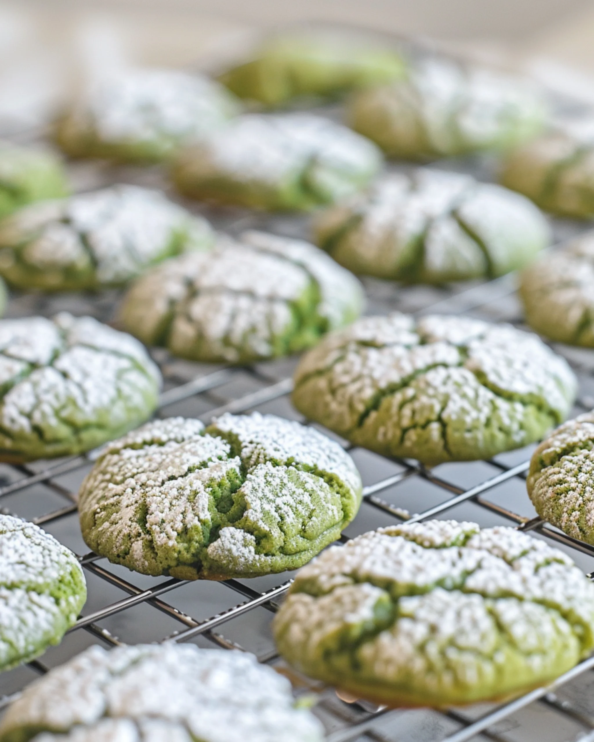 Best Matcha Crinkle Cookies: 1 Soft, Chewy Recipe You’ll Love 5 A fresh batch of matcha crinkle cookies with powdered sugar