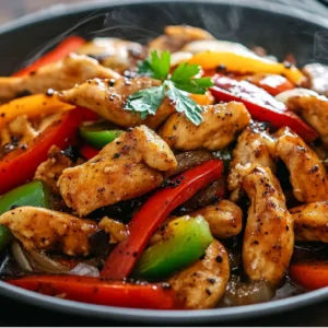 Black pepper chicken served hot with bell peppers and savory sauce