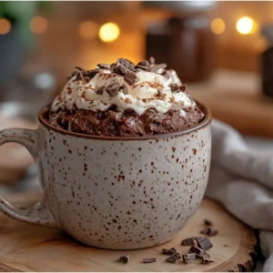 chocolate mug cake on wooden table