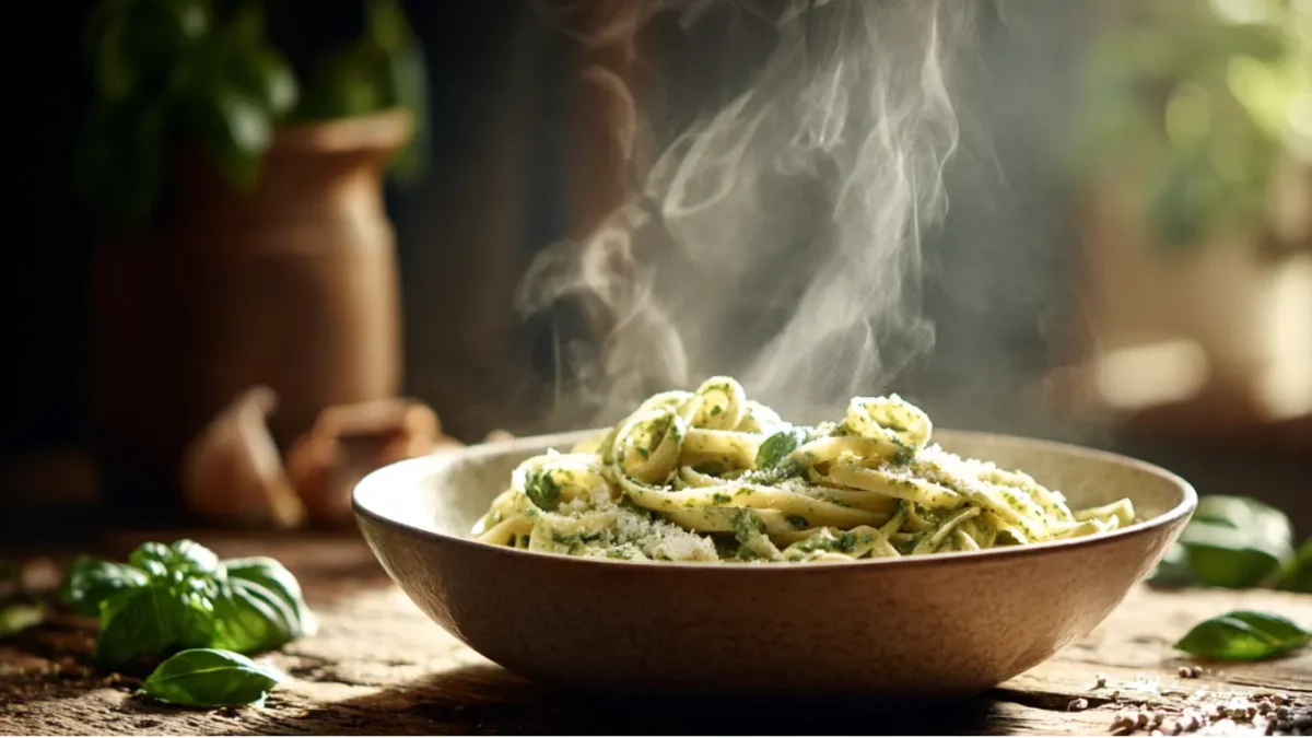 creamy pesto pasta comfort meal with basil and parmesan