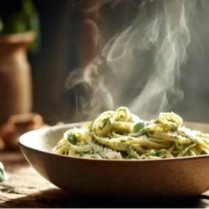 creamy pesto pasta comfort meal with basil and parmesan