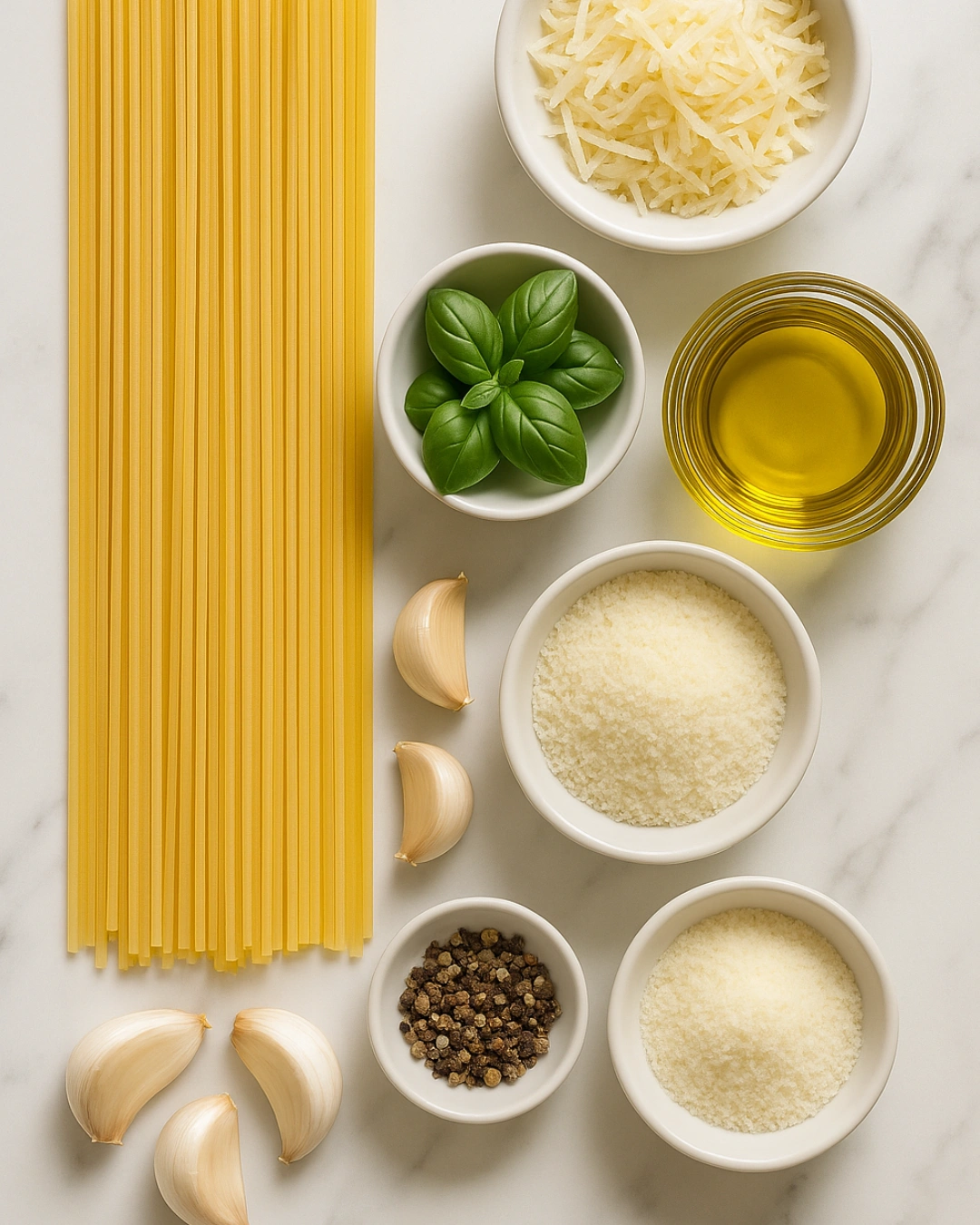 creamy pesto pasta ingredients laid out on table