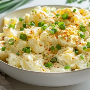 Overhead view of creamy potato salad topped with paprika and green onions in a white bowl