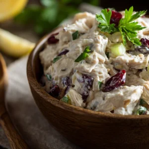 Best canned chicken salad in a bowl with fresh herbs and celery