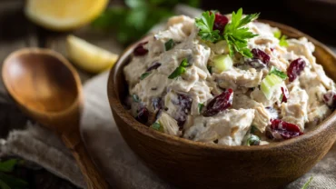 Best canned chicken salad in a bowl with fresh herbs and celery
