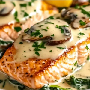Garlic Butter Salmon and Mushroom skillet recipe with creamy sauce