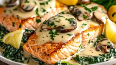 Garlic Butter Salmon and Mushroom skillet recipe with creamy sauce
