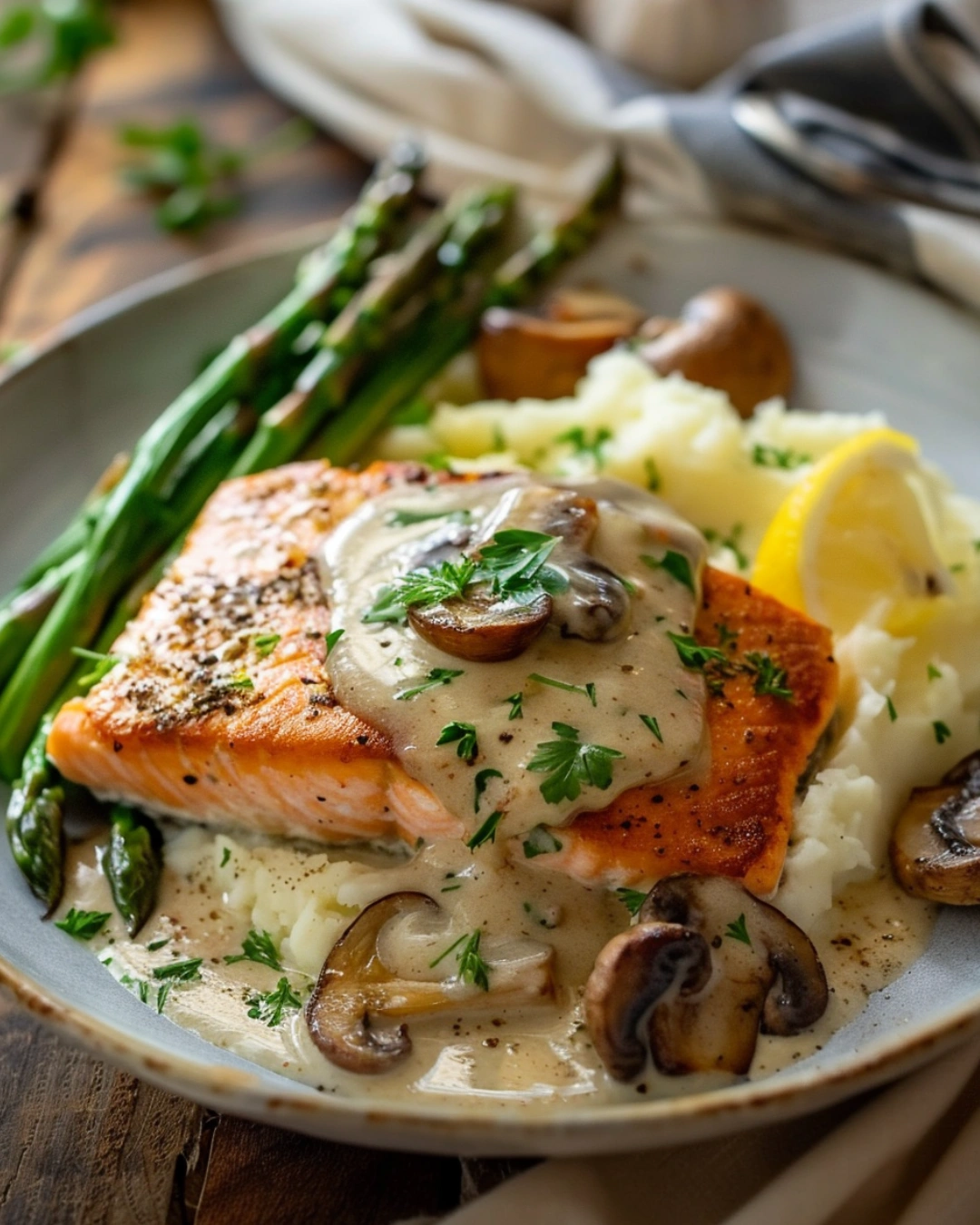Garlic Butter Salmon and Mushroom plated with lemon garnish