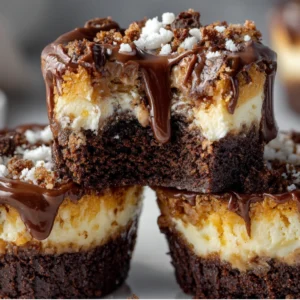 Loaded brownie cheesecake cup with cream cheese swirl on rustic wood