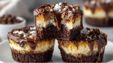Loaded brownie cheesecake cup with cream cheese swirl on rustic wood
