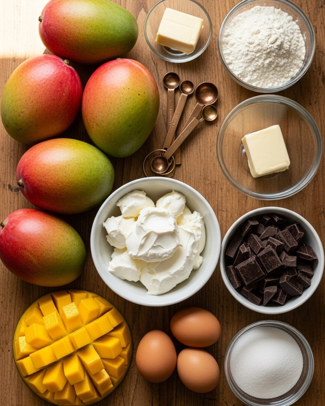 Ingredients for mango cheesecake brownies laid out on a wooden counter