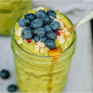 Matcha overnight oats with berries and honey