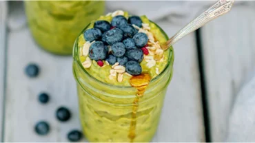 Matcha overnight oats with berries and honey