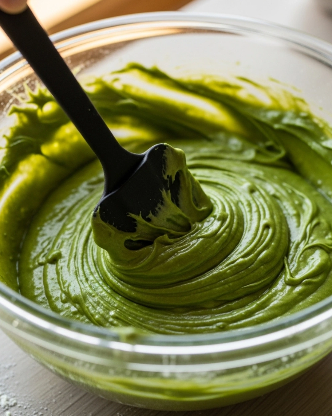 Mixing green matcha brownie batter with a spatula in a glass bowl