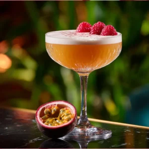 Raspberry Passionfruit Tequila Sour with foam and tropical garnish