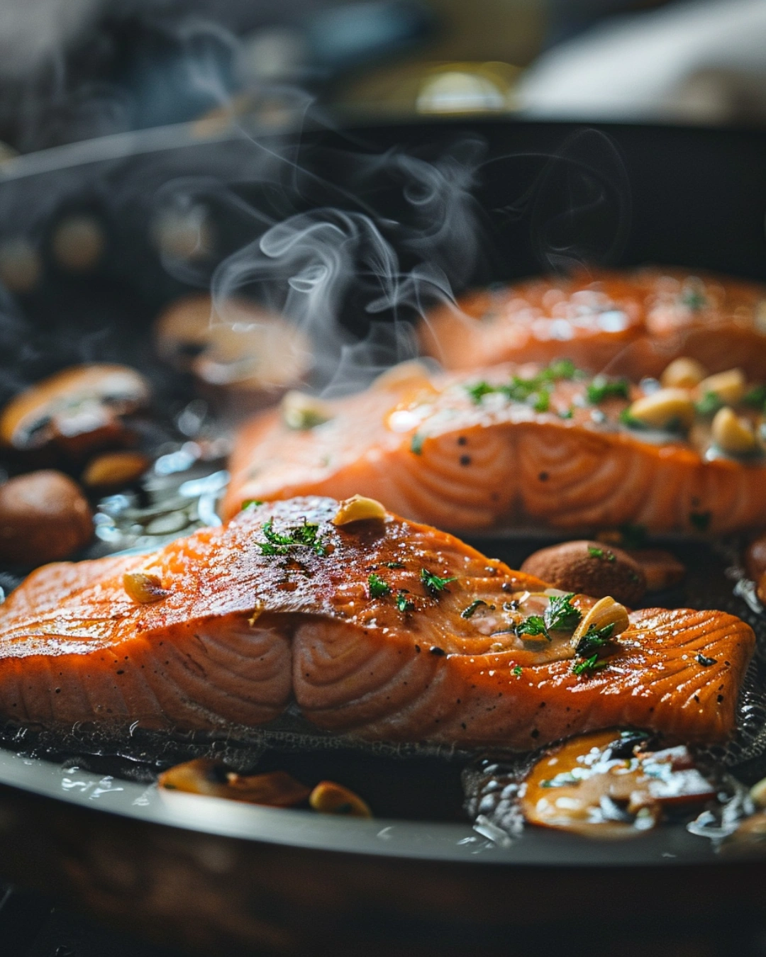 Salmon fillets searing in garlic butter sauce with mushrooms