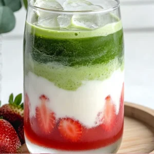 Strawberry matcha latte with layers of fresh strawberries, milk, and green tea in a clear glass