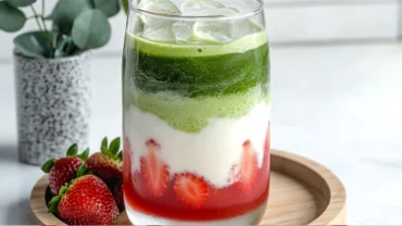 Strawberry matcha latte with layers of fresh strawberries, milk, and green tea in a clear glass