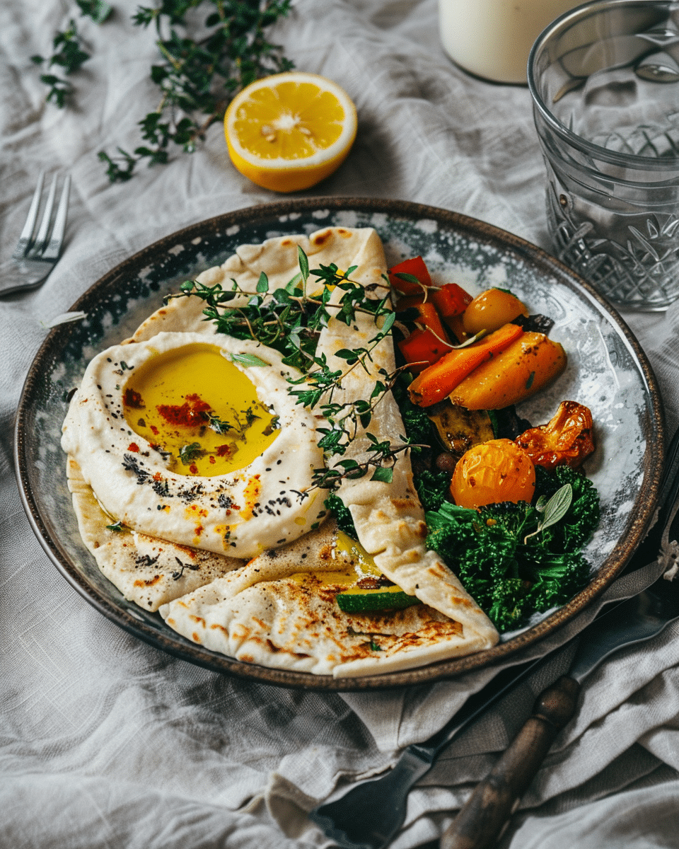 Cottage cheese flatbread served with hummus and veggi
