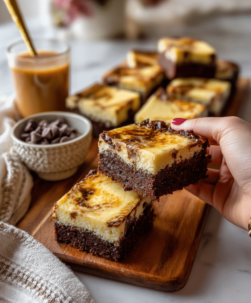 Mango Cheesecake Brownies on a tropical dessert plate