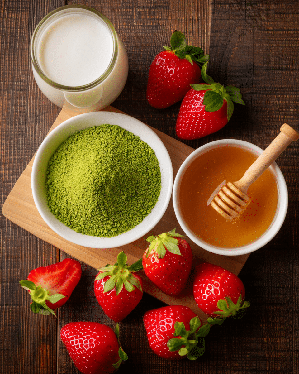 Ingredients for strawberry matcha latte on a countertop including strawberries, milk, matcha powder, and honey