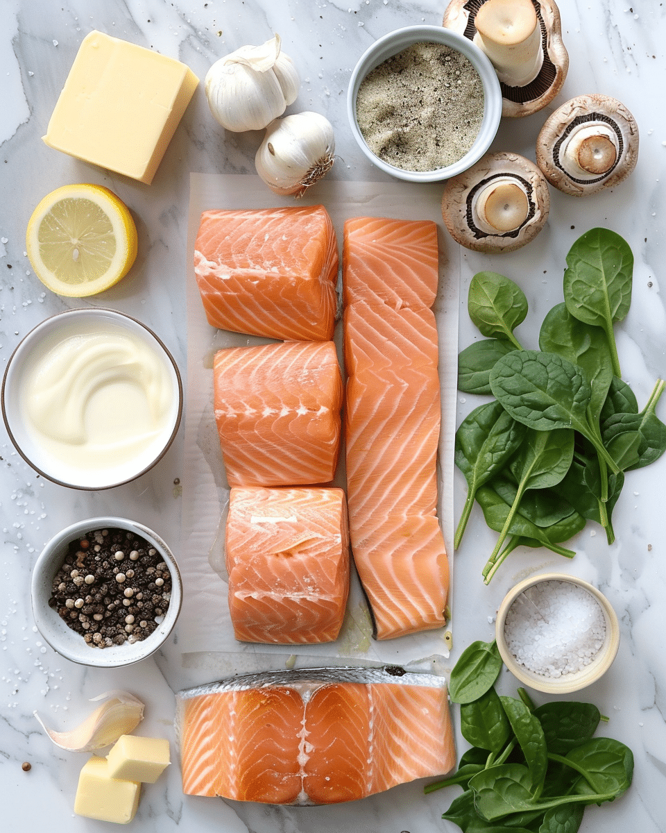 Garlic butter salmon ingredients flat lay
