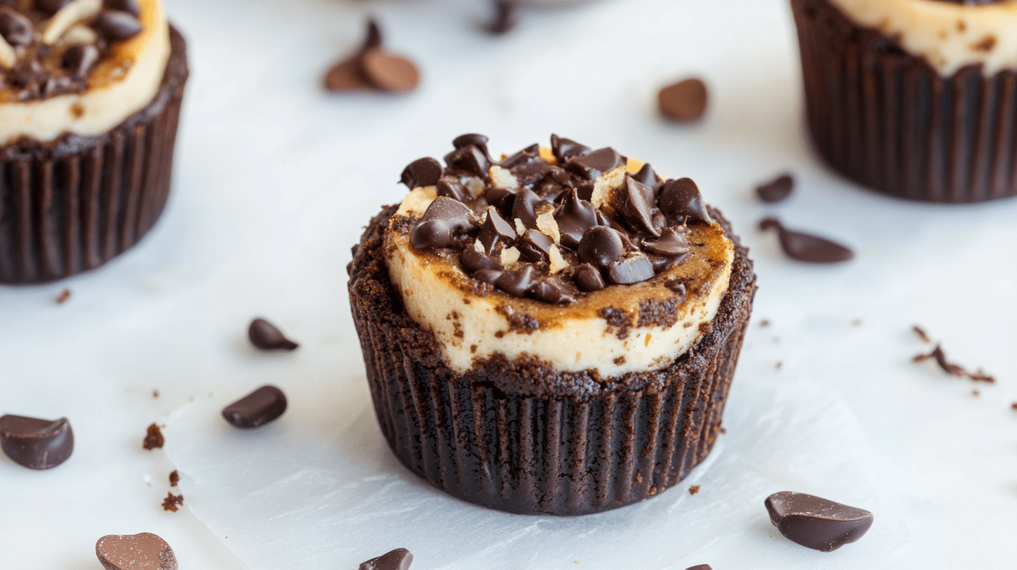 Loaded brownie cheesecake cup with cream cheese swirl on rustic wood
