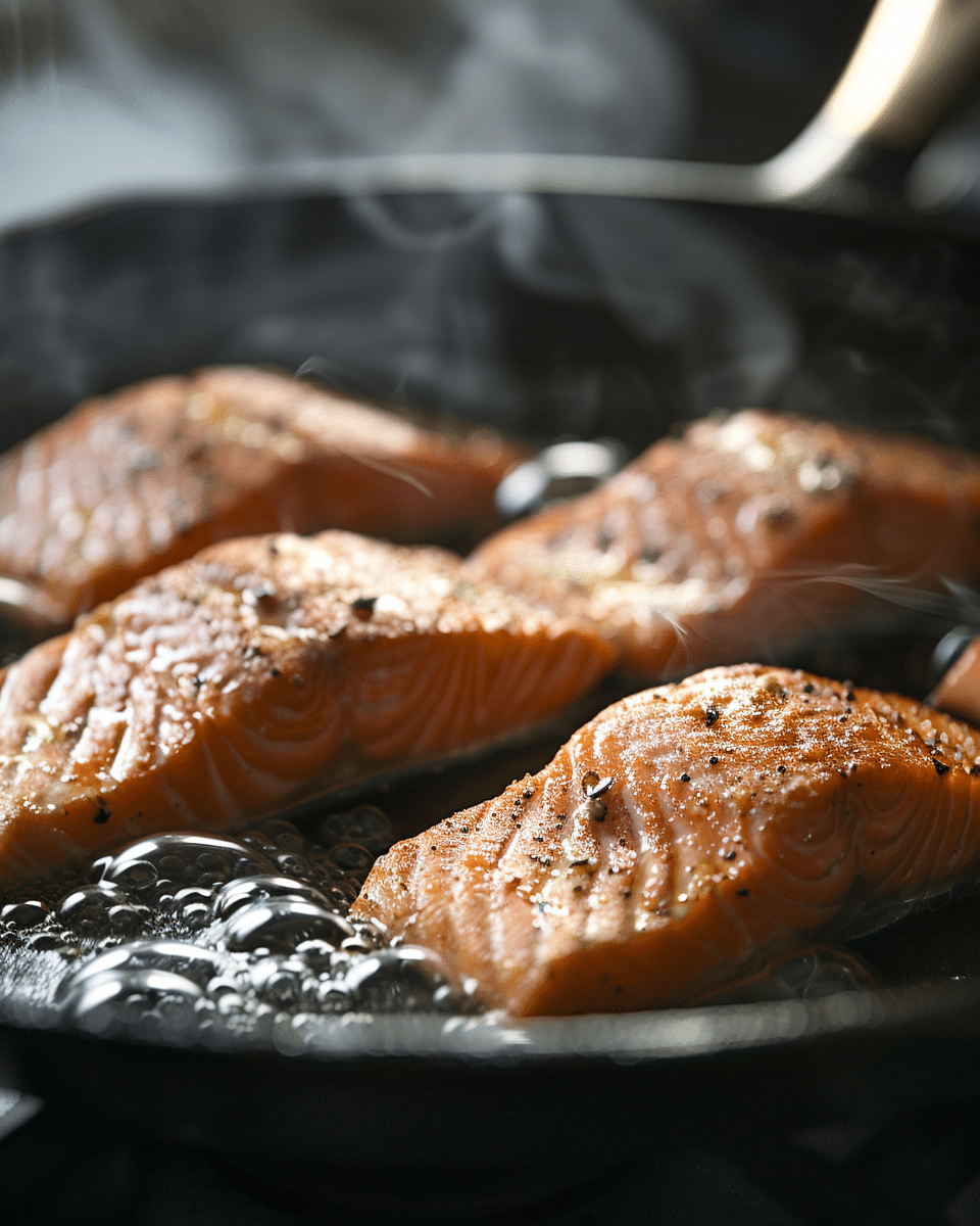 Salmon fillets searing in olive oil