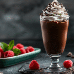 : Elegant dessert table with glasses of chocolate mousse garnished with mint leaves and raspberrie
