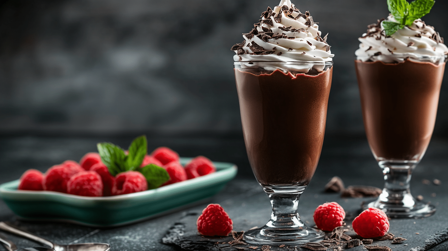 : Elegant dessert table with glasses of chocolate mousse garnished with mint leaves and raspberrie