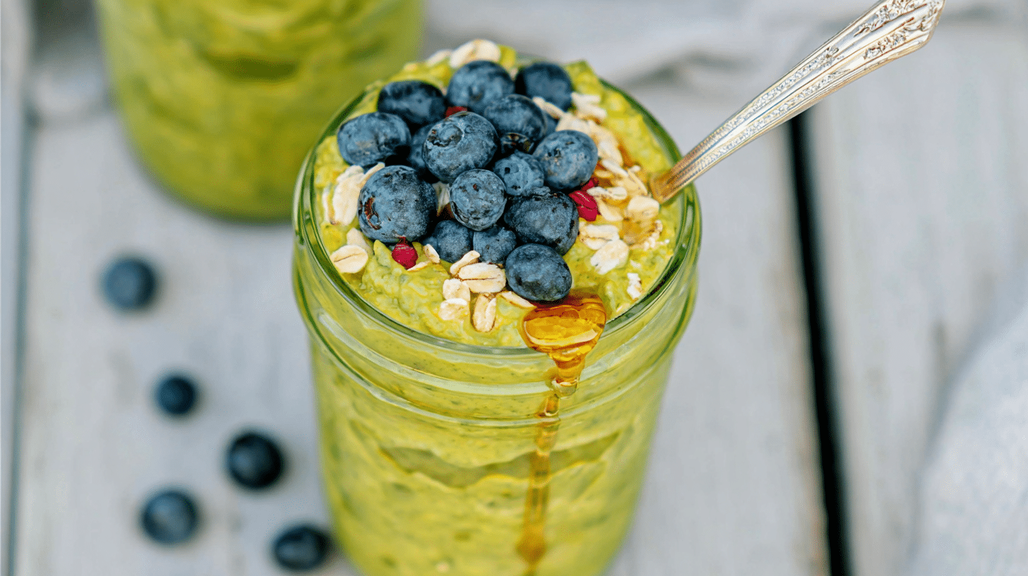 matcha overnight oats with berries in a glass jar