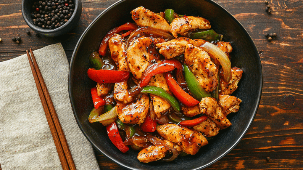 Minimalist black pepper chicken in white bowl