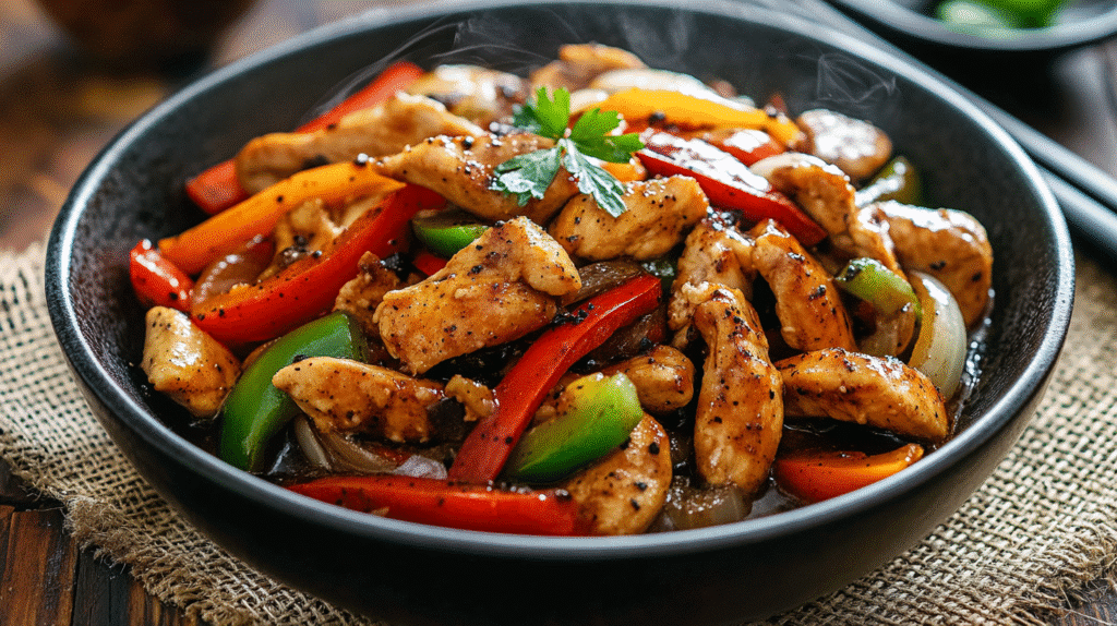 Black pepper chicken served hot with bell peppers and savory sauce