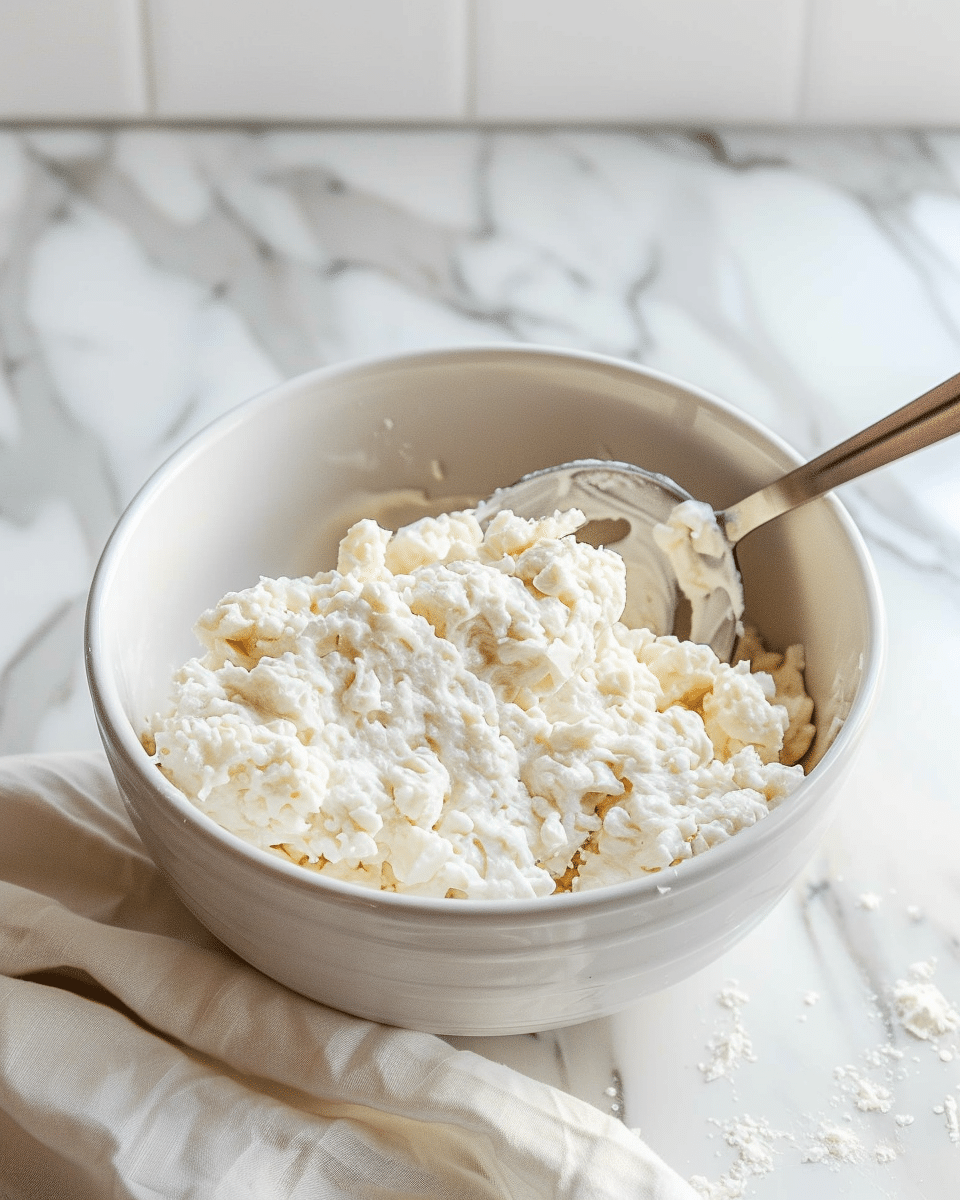 Mixing cottage cheese and flour for flatbread dough