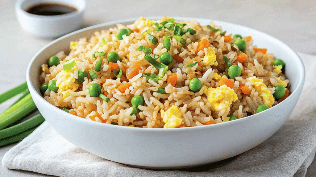 Better Than Takeout Fried Rice in white bowl with vegetables