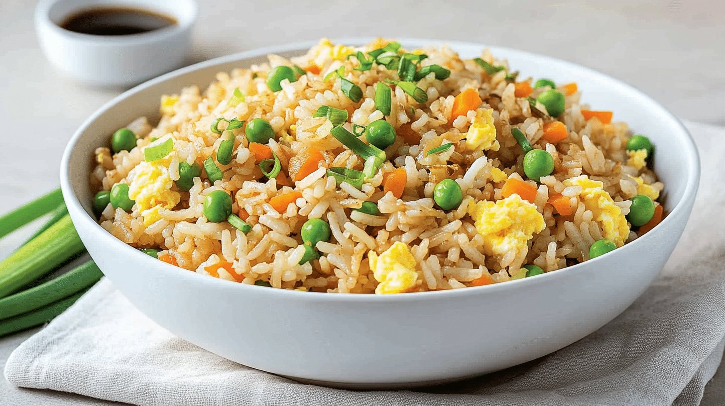Better Than Takeout Fried Rice in white bowl with vegetables