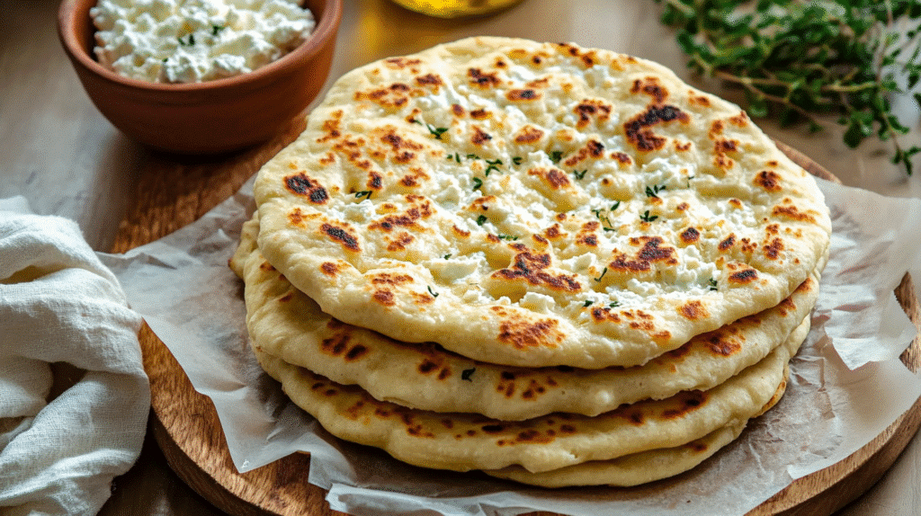 Cottage cheese flatbread fresh from the oven on rustic table