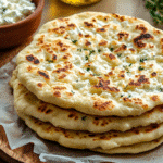 Cottage cheese flatbread fresh from the oven on rustic table