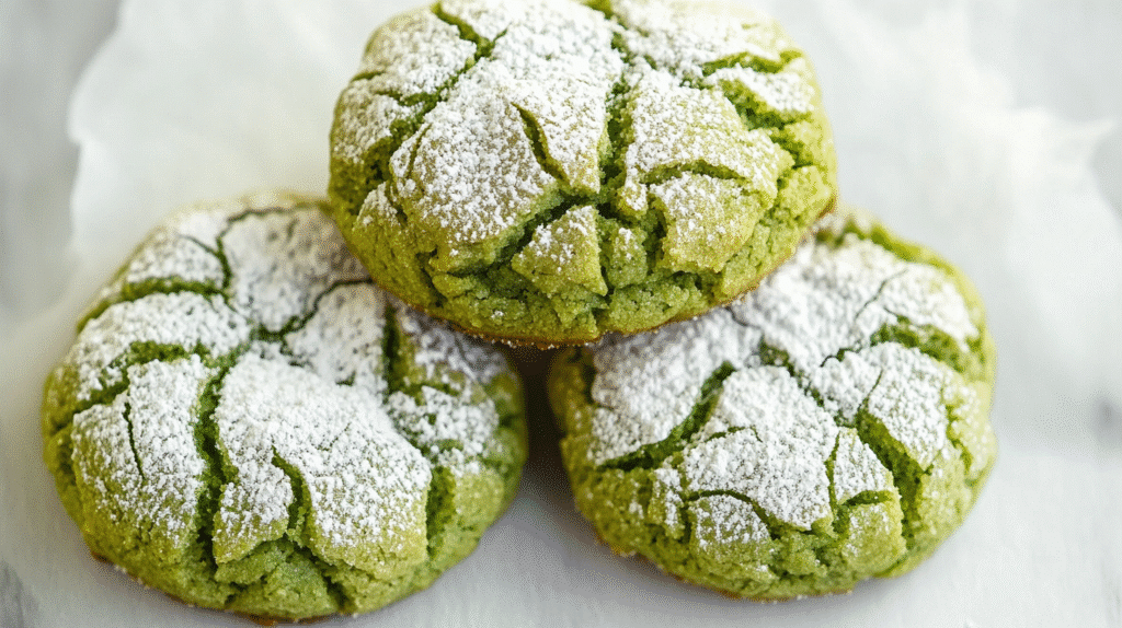 Stack of vibrant green matcha crinkle cookies dusted with powdered sugar on a white ceramic plate
