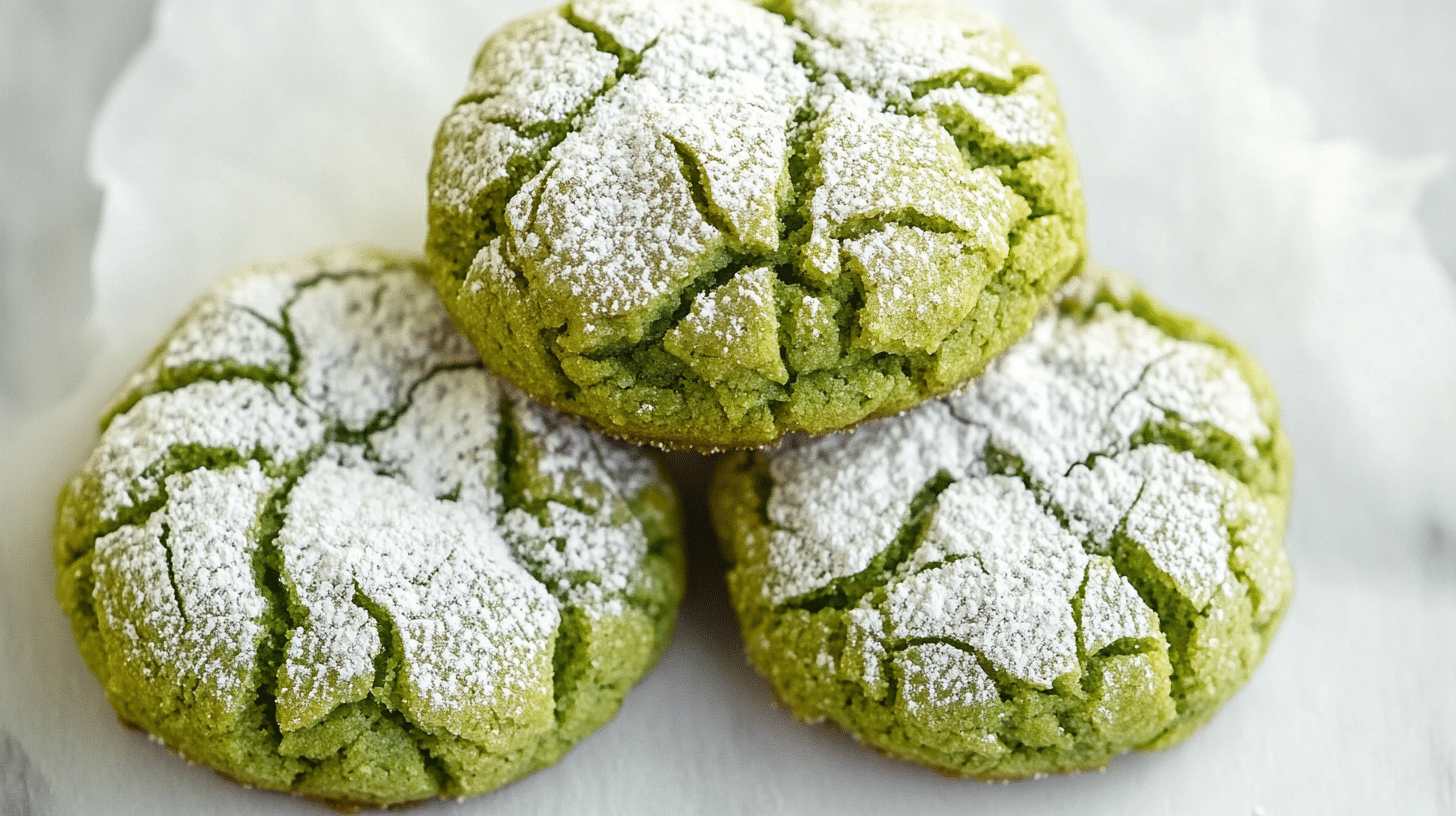 Stack of vibrant green matcha crinkle cookies dusted with powdered sugar on a white ceramic plate
