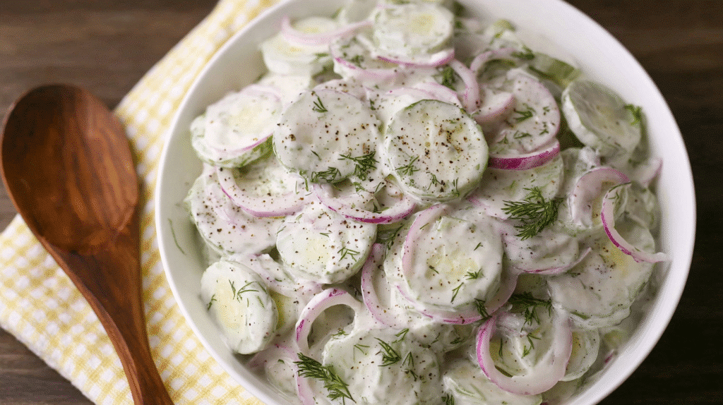 creamy cucumber salad in white bowl with dill