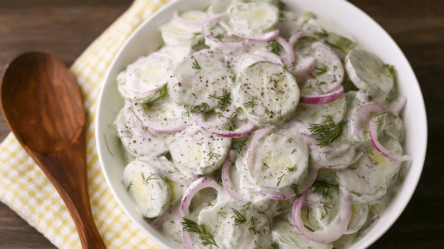 creamy cucumber salad in white bowl with dill