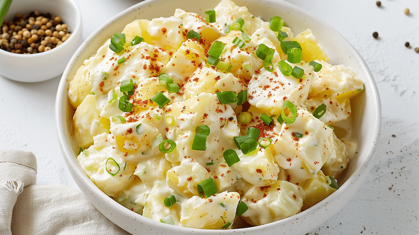 Creamy potato salad in rustic bowl with parsley garnish