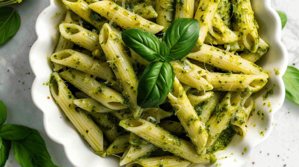 Creamy pesto pasta served with chicken and salad