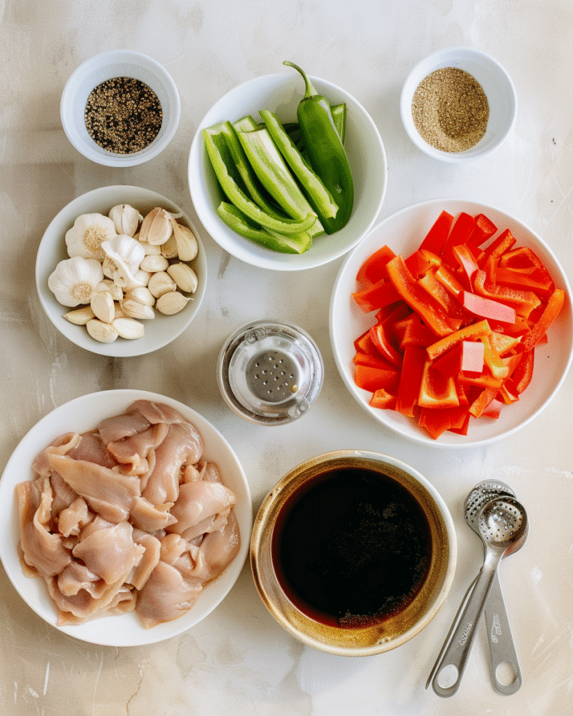 Ingredients for Chinese black pepper chicken stir-fry