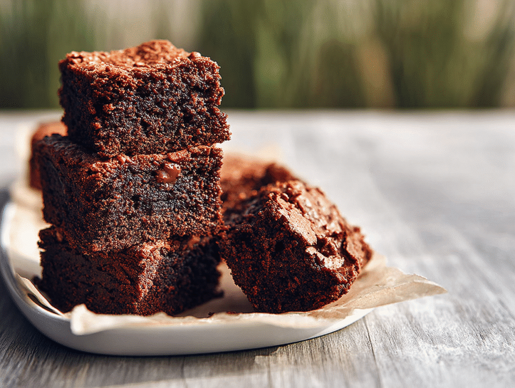 Fudgy almond flour brownies stacked on a wooden board